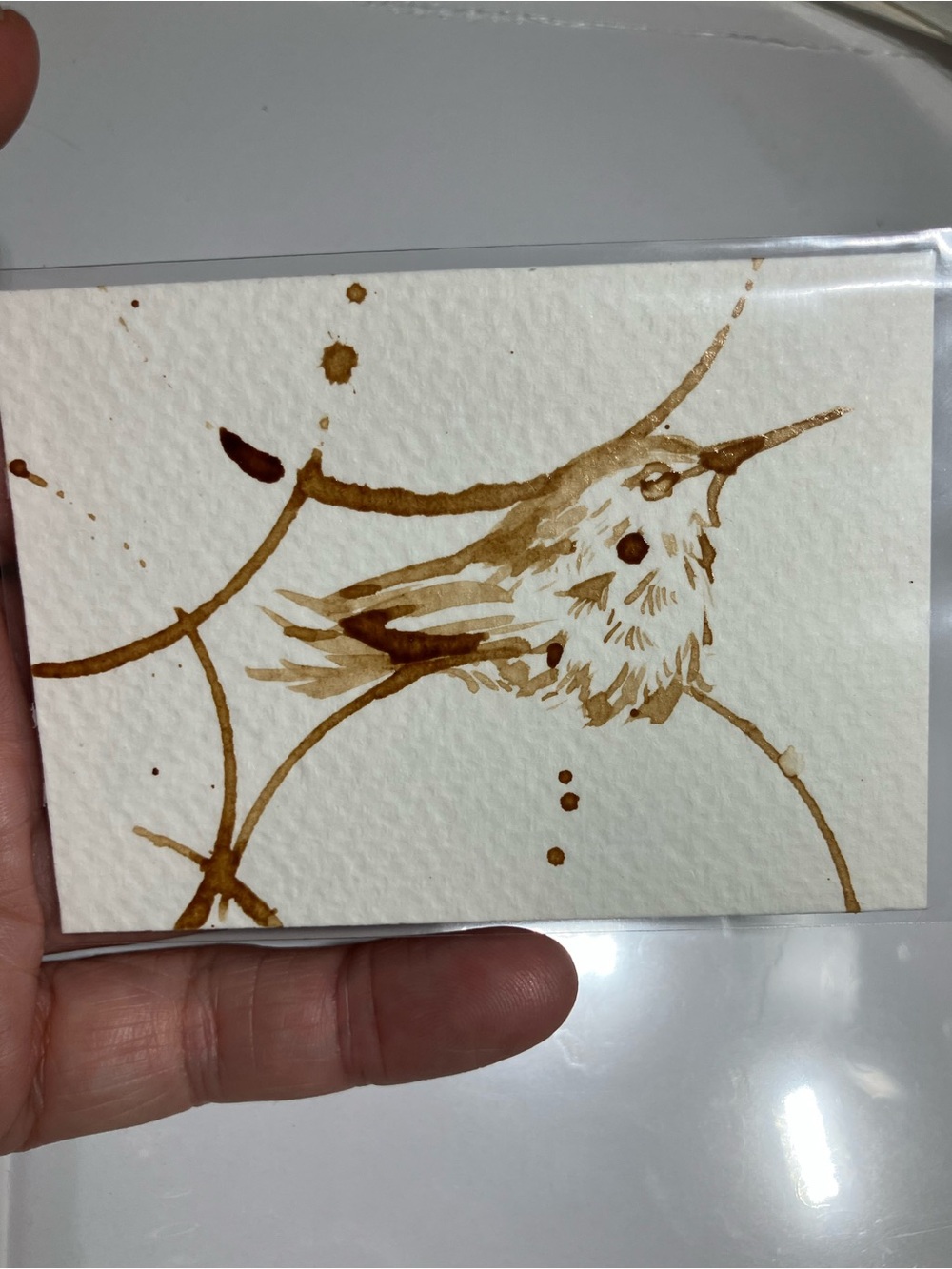 Aceo original hummingbird coffee painting Java art “treat yourself“ unique gift
